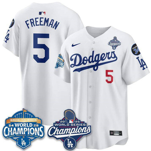Men's White Los Angeles Dodgers #5 Freddie Freeman 2025 World Series Champions & Back to Back Champions With No.34 Patch Limited Stitched Baseball Jersey